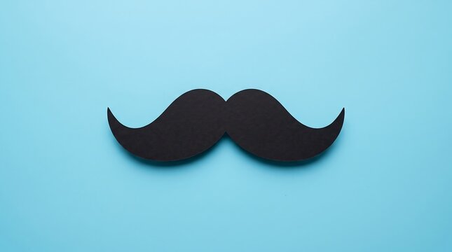 A black paper mustache cutout isolated on a solid light blue background for mens health