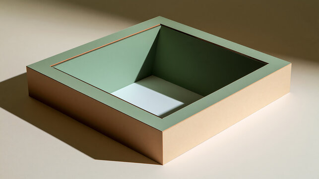 A square geometric container with a deep hollow center featuring light green inner walls and a pale beige exterior on a white surface