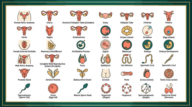 Human Reproductive Anatomy Medical Icons Set Female Male Uterus Ovary Fallopian Testis Sperm Egg Fertilization Embryo Biology Education Vector Illustration