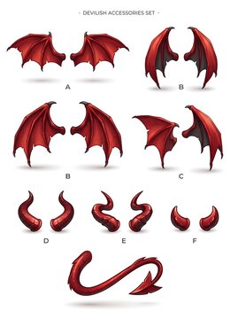 Set of red devil wings horns and a tail for fantasy character design elements