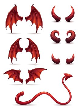 Set of red devil wings horns and a tail for costume design and character illustration