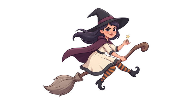 Little witch girl flying on a broomstick holding a magic star wand isolated on transparent background