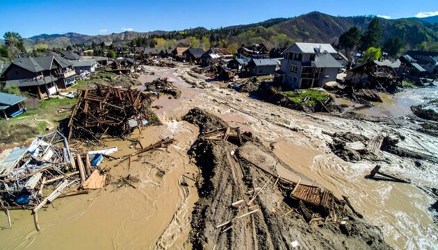 Aerial Top Down Photograph Showing Destruction After Mountain Disaster