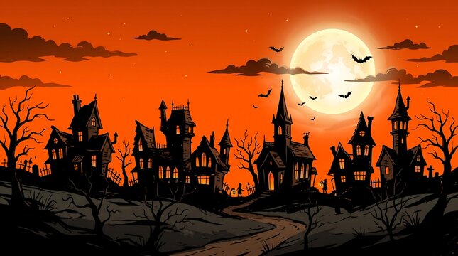 Spooky halloween background featuring a haunted village silhouette under a glowing full moon sky