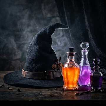 Witch hat and glowing magic potion bottles on a dark wooden table for Halloween