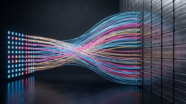 Glowing fiber optic cables connecting high speed data transmission between server storage wall and binary matrix