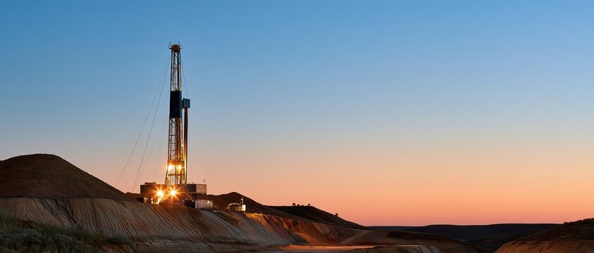 Silhouetted drill rig at dusk with gradient sky over arid landscape