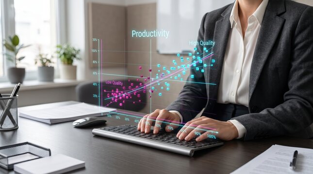 Professional woman analyzing productivity versus quality scatter plot graph, futuristic holographic interface, business performance metrics, data visualization