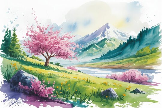 Watercolor painting of a vibrant spring landscape with a blooming cherry blossom tree, green grassy hills, a flowing river, and snowy mountains