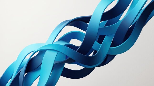 Abstract of intertwined blue ribbons forming a complex woven structure, symbolizing connectivity, unity, and teamwork in modern businesss, smooth gradient textures with dynamic