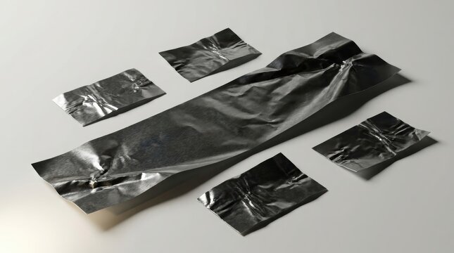 Black plastic body bags and smaller pouches on grey background.