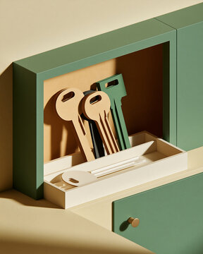 A set of stylized, oversized keys in beige, black, and green resting inside a shallow tray within a minimalist green and cream wall cabinet