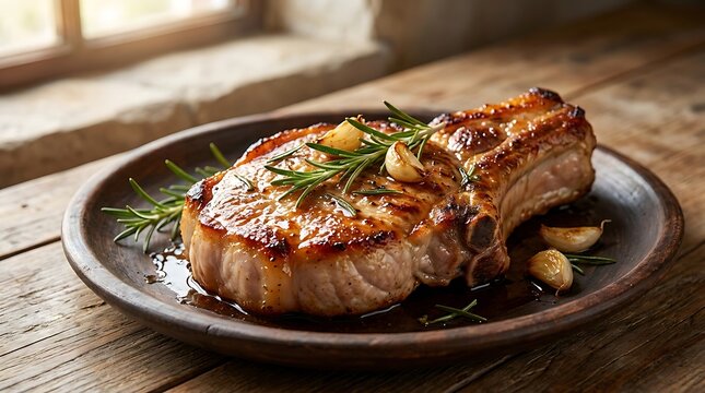 Juicy grilled pork chop with fresh rosemary and garlic served on a rustic dark plate in a warm kitchen
