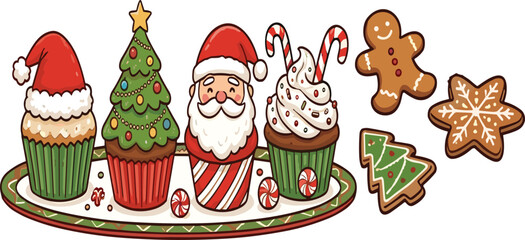 Fototapeta premium Cute Christmas dessert collection with Santa cupcake, Christmas tree cupcake, candy cane cupcake, gingerbread cookie and snowflake cookie