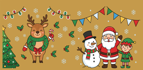Naklejka premium Christmas festive background with Santa Claus, snowman, reindeer, elf, Christmas tree, candy cane, wreath and holiday decorations