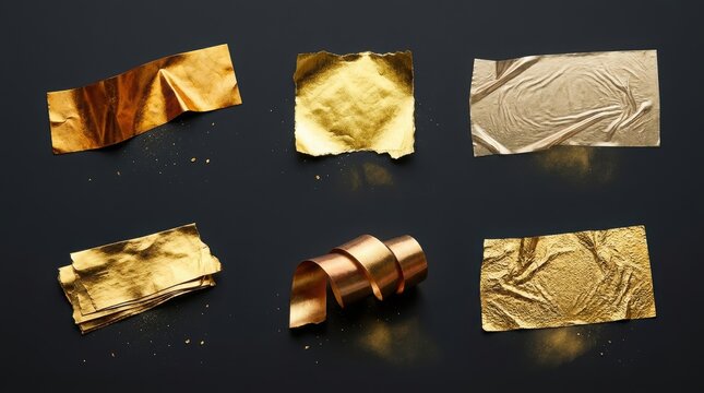 Six different metallic foil and metal samples on a dark background.