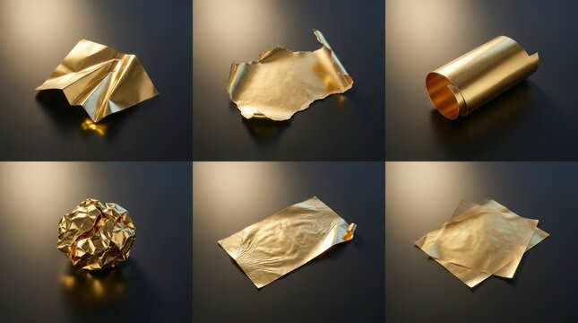 Six different states of gold foil sheets on a dark background.