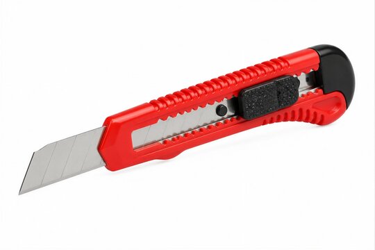 Red utility knife blade extended on white background surface