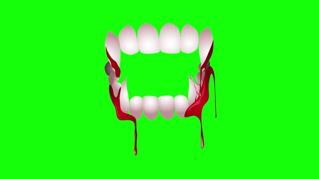 Dracula vampire fangs with dripping blood halloween motion graphic on green screen