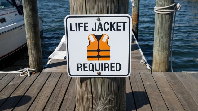 Life jacket required sign mounted on a wooden piling at a marina. This safety warning is essential for maritime compliance and boating regulation photography.