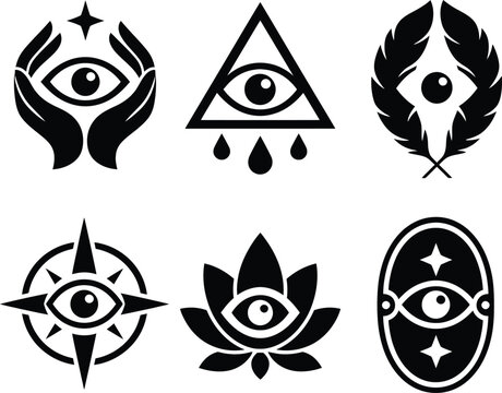 A collection of six minimalist black and white vector logo icons featuring silhouette third eye concepts. The monochrome graphics showcase the all-seeing providence eye nested within distinct symbolic