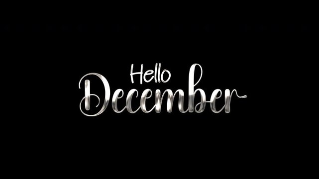 Silver metallic cursive hello december text on a shiny black background  perfect for elegant holiday designs and festive decorations.