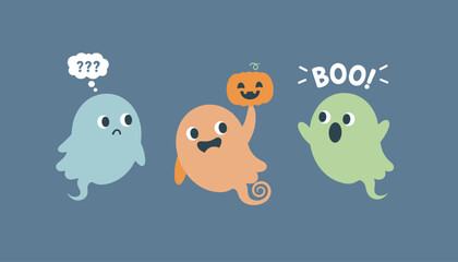 Fototapeta premium Three adorable cartoon ghosts in blue, orange, and green express different emotions against a dark blue background.