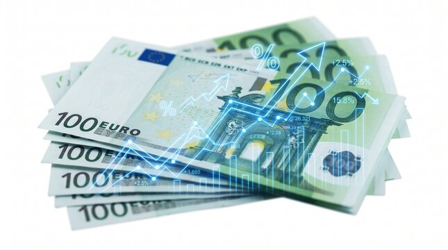 A stack of one hundred euro paper banknotes isolated on a clean white background for finance