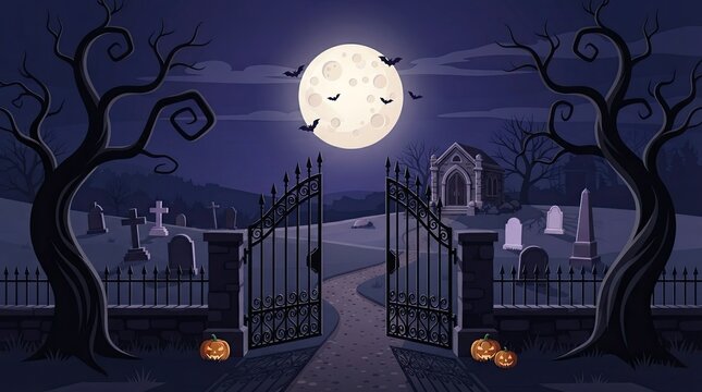 Spooky graveyard entrance with iron gates and bare trees under a bright full moon at night