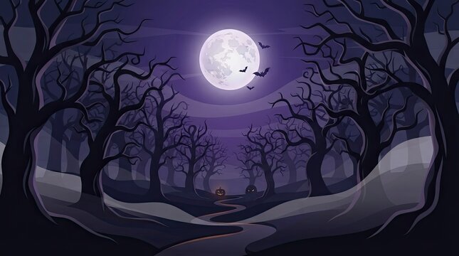 Spooky dark forest landscape with bare trees under a bright full moon in a purple night sky