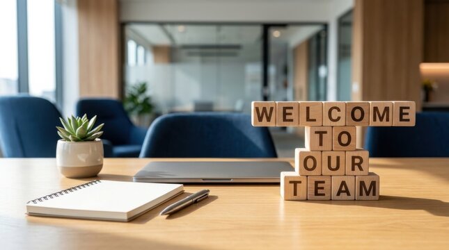 Wooden letter blocks spelling welcome to our team message on desk in modern corporate office lobby.