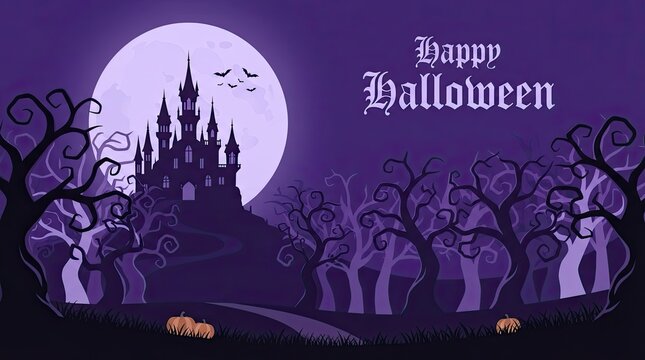 Spooky halloween castle silhouette against a full moon with ghostly figures