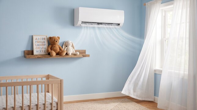Modern white air conditioner blowing cool air inside a cozy nursery room with a baby crib and toys