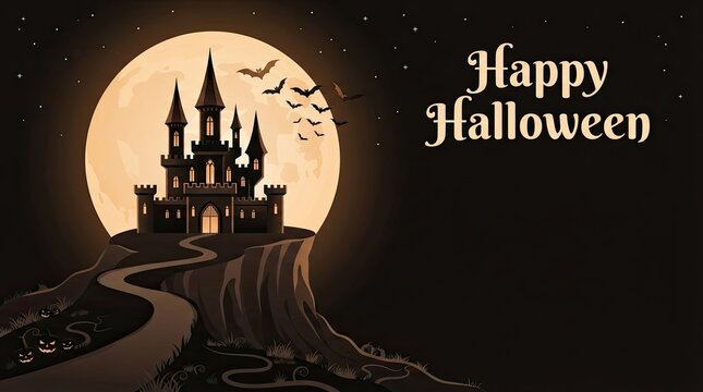 Spooky castle silhouette against a full moon with a halloween greeting message