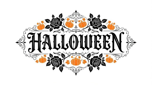 Watercolor halloween lettering with pumpkins and floral elements for festive designs