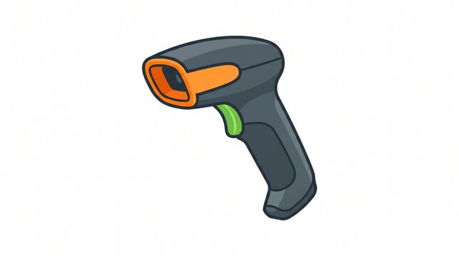 Modern handheld barcode scanner gun with orange and green details isolated on a white background