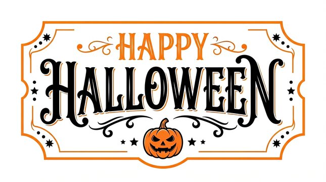 Vintage style happy halloween sign with carved pumpkin and decorative flourishes