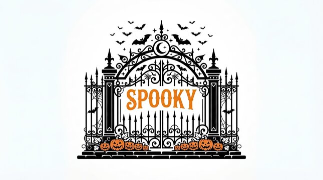 Intricate halloween gate with spooky lettering and flying bats against a moonlit background