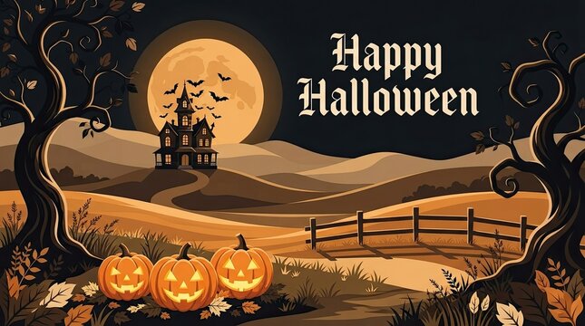 Spooky halloween night scene with jack o lanterns and a full moon in the background