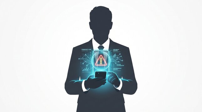 Businessman silhouette holding a smartphone with a digital security warning sign notification alert