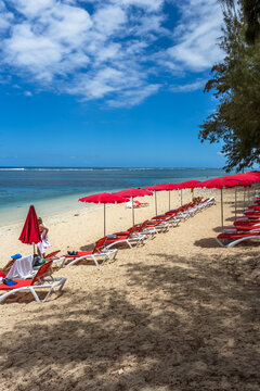 Alignement de parasols rouges sur plage tropicale 