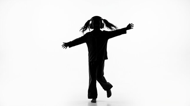 Silhouette of a happy little girl wearing big headphones dancing alone with arms spread out wide