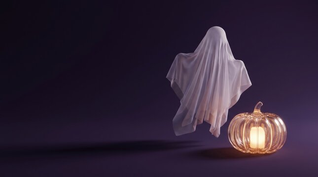White ghost floating beside a glowing glass pumpkin on purple background