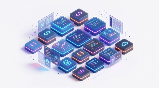Isometric web development icons and software coding elements with blue neon glowing light effects