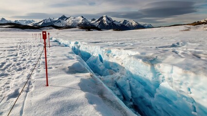 A deep blue crevasse cuts through a snowy glacier with safety markers in the foreground. Symbolizes environmental change and the vulnerability of nature.