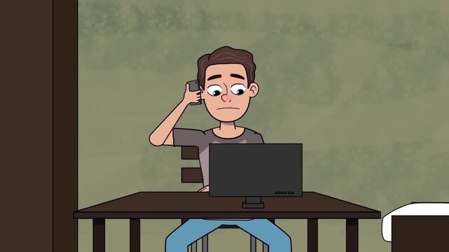 2D animation of a stressed man sitting at a desk touching his head while working on a laptop computer error concept