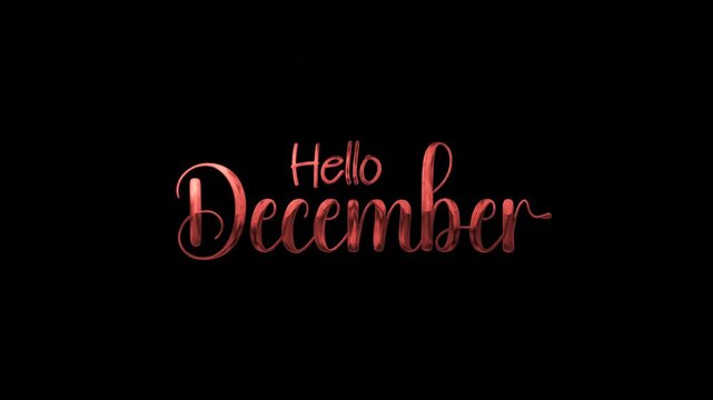 Rose gold metallic cursive hello december text on black background for winter season graphics. Suitable for holiday designs, social media posts, and festive decorations.