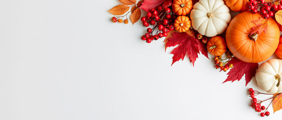 Autumn, pumpkin, leaf, berry, flat lay seasonal composition with copy space