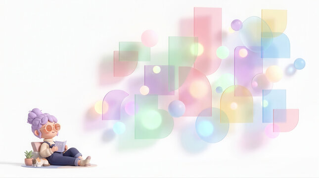 A young girl with neurodivergent traits enjoys a peaceful moment reading a book amidst vibrant abstract shapes and glowing lights