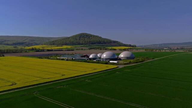 Aerial Drone View of Biogas Plant in Green Agricultural Landscape